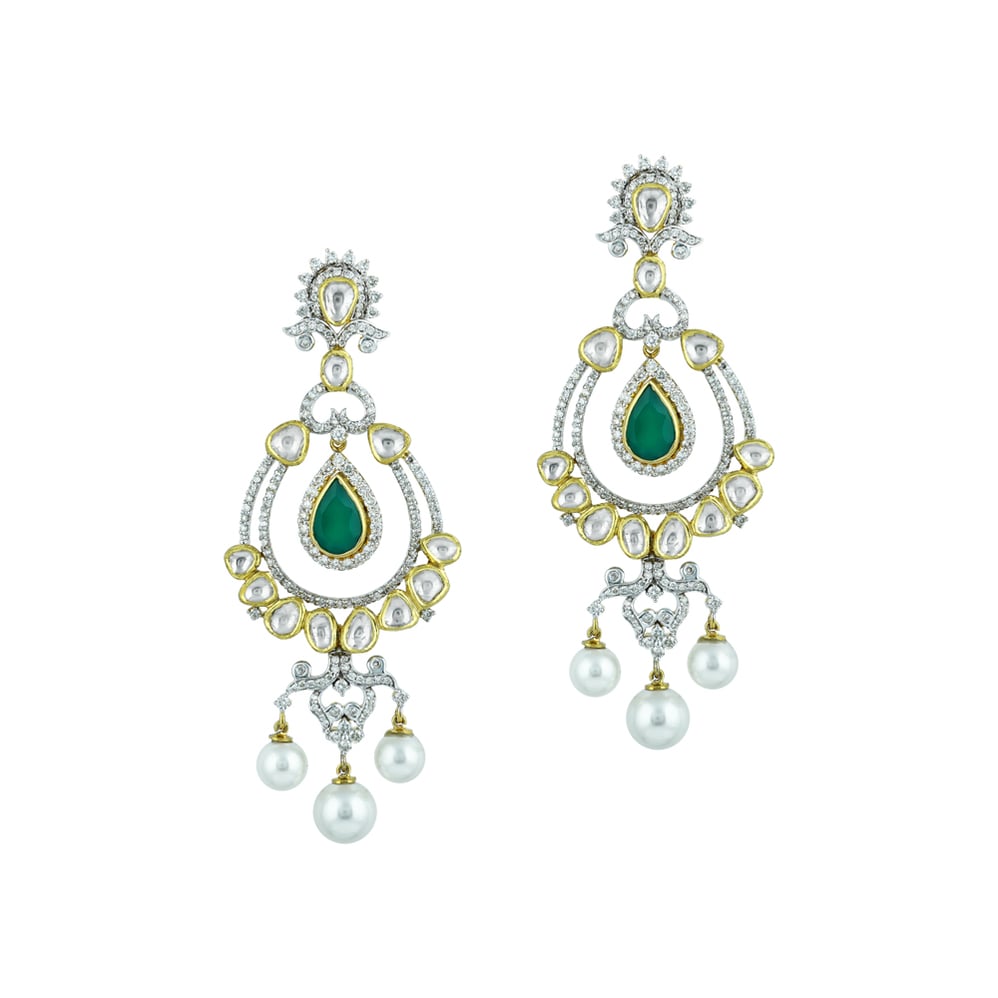 Polki Chandelier Earrings with Green Onyx Drops and Pearls